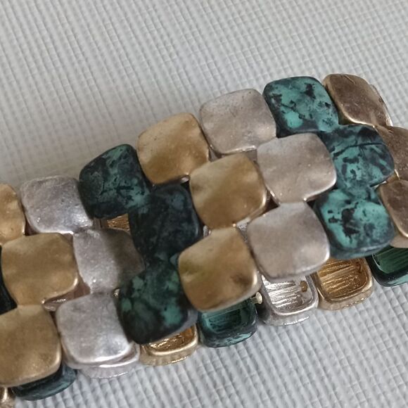 Gold & Silver Toned Patina Green Mosaic Metal Squares Stretchy Elastic Bracelet - Picture 5 of 8